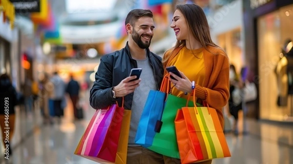 Fototapeta Smiling couple in mall, colorful bags in hand, looking at each other with phones, blurred background, joyful slow motion.