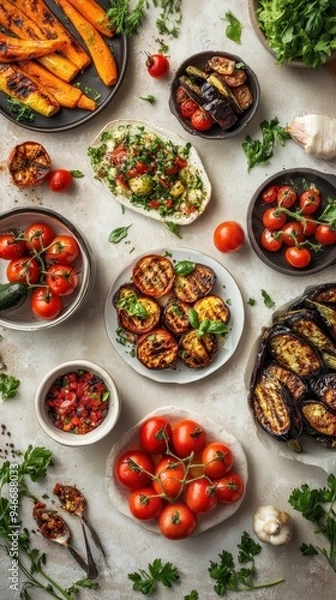 Fototapeta A stunning display of grilled and stuffed vegetables alongside fresh tomatoes and herbs, inviting a healthy culinary experience