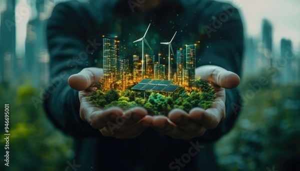 Fototapeta An entrepreneur presenting a green energy startup idea, with holographic displays of solar panels and wind farms in the background