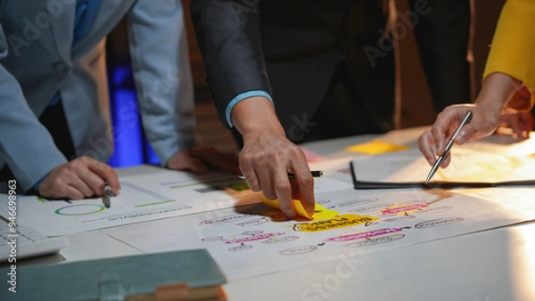 Fototapeta Business team is working late in the office, using sticky notes and mind maps to brainstorm ideas