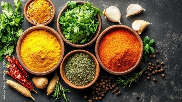 Obraz Assortment of Spices and Herbs in Bowls on Black Surface