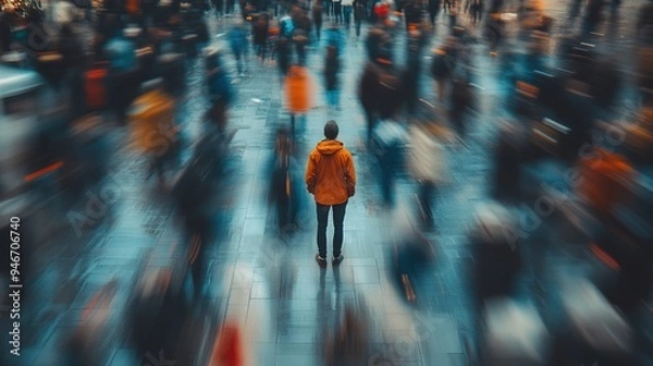 Fototapeta A person standing in a crowded urban environment, with blurred figures rushing by, creating a feeling of isolation and anxiety amidst chaos