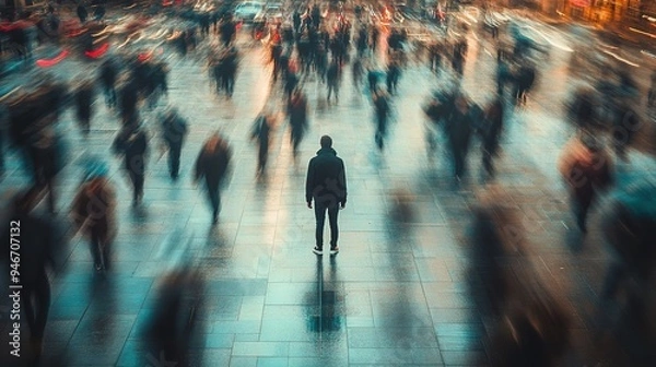 Fototapeta A person standing in a crowded urban environment, with blurred figures rushing by, creating a feeling of isolation and anxiety amidst chaos