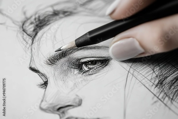Obraz Close-up of hand drawing woman's eye with pencil