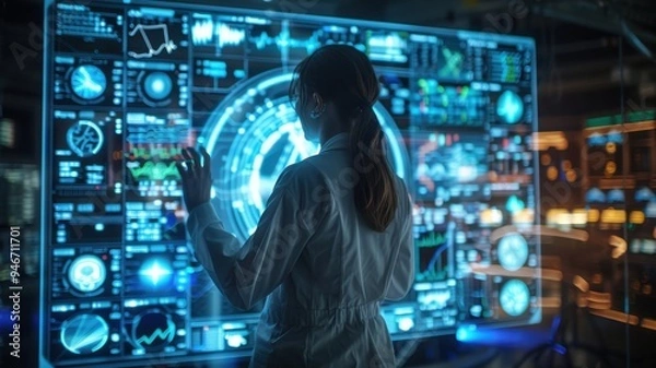 Fototapeta Female scientist interacting with digital interface.