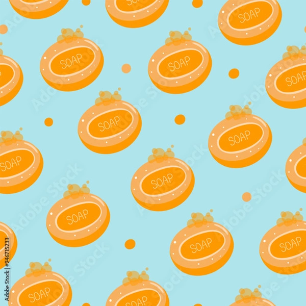 Fototapeta Seamless pattern with pieces of orange soap on a blue background. Soap with foam in vector