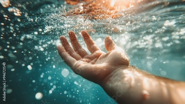 Fototapeta An outstretched hand underwater surrounded by floating bubbles and illuminated by sunlight, creating a surreal and dreamy underwater scene with sparkling light effects.