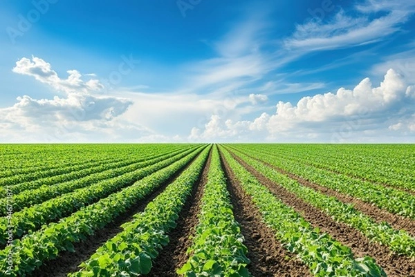 Obraz Vibrant green crop rows under blue sky.
