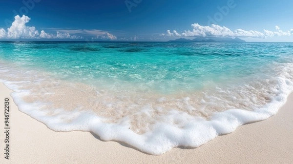 Fototapeta A beautiful sandy beach with gentle, foamy waves washing ashore and clear blue water extending towards the horizon under a bright sky with scattered clouds.