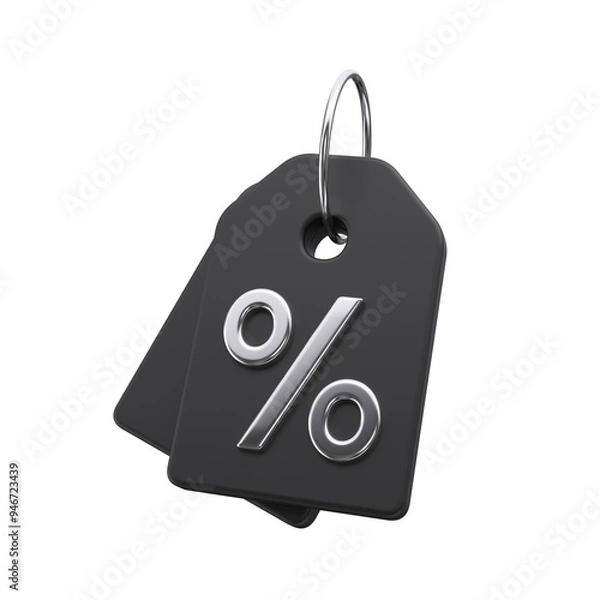 Obraz Black discount tag with silver interest shopping online market. Price percent emblem offer promotion isolated on white background. Black Friday and sale event concept. 3d rendering.