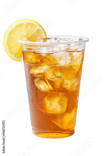 Obraz Ice tea on plastic cup with lemon, side view isolated on transparent background