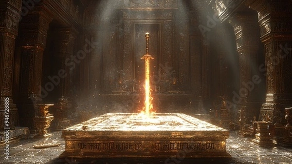 Fototapeta An imposing sword with a flaming blade, placed on an altar in an ancient, mysterious temple