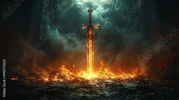 Fototapeta An imposing sword with a flaming blade, placed on an altar in an ancient, mysterious temple