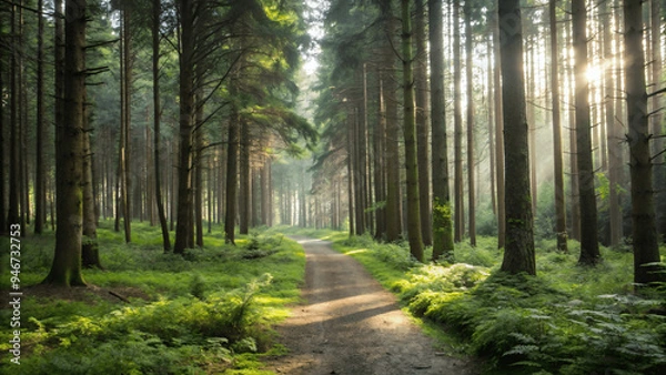 Fototapeta A serene forest scene with a path leading through sun light