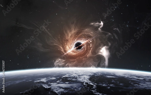 Obraz 3D illustration of spiral galaxy and black hole in deep space. High quality digital space sci-fi art in 5K - realistic visualization