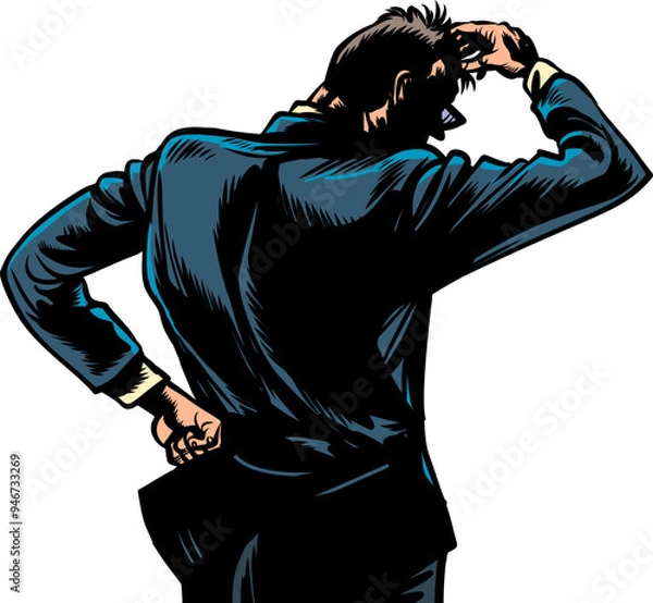 Fototapeta The boss of the company is trying to come up with something. Brainstorm an employee on how to solve a problem. A man in a business suit holds one hand to his head. Pop Art Retro