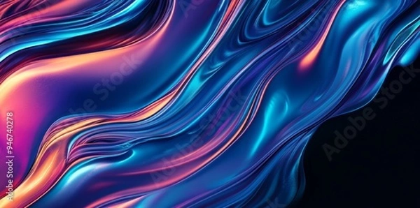 Fototapeta This abstract 3D background shows a transparent purple wave against a black background, along with a liquid glass texture, which leaves a purple iridescent shine behind