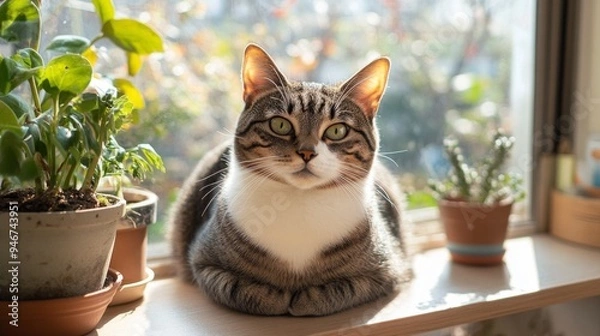 Fototapeta Gray Tabby Cat Lounging on Windowsill in a Cat-Friendly Space