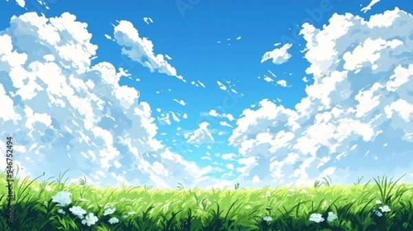 Fototapeta There is space in the middle of the screen, between the blue sky and the clouds and the green field, for characters and text to be displayed