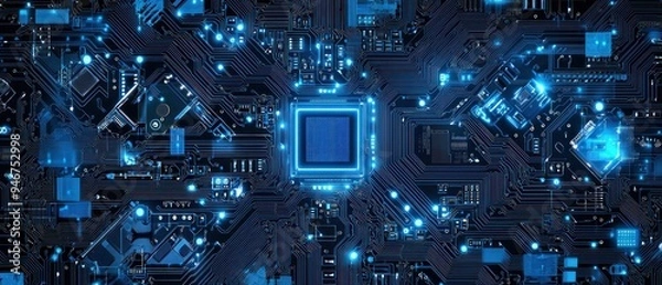 Fototapeta Close-up of a Circuit Board with Glowing Blue Traces