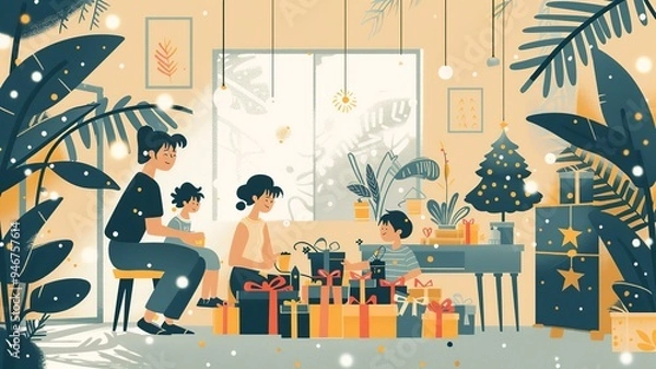 Fototapeta This minimalist depiction showcases a room filled with wrapped gifts, where soft shadows and light reflections create a warm and inviting atmosphere for the holiday season.