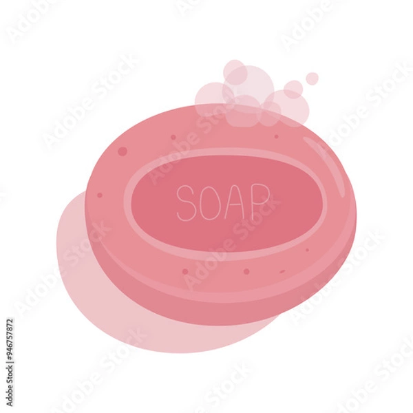 Fototapeta A piece of oval pink soap with soap foam. Handmade hygiene product with rose scent
