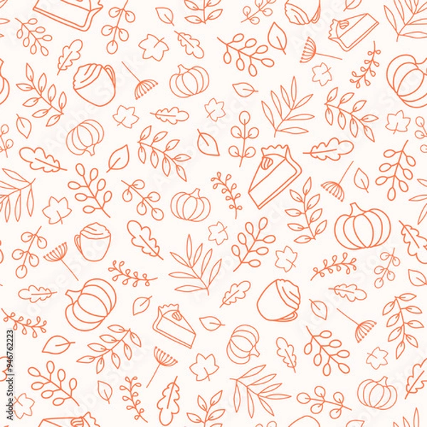 Obraz Thanksgiving seamless pattern for warm and cozy season design. Orange outline pumpkin, leaves, pumpkin pie, pumpkin spice latte. Pattern with food, drinks and plants.