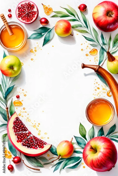 Fototapeta Honey jar, pomegranates, apples, shofar hand painted with watercolor. Traditional treats for Jewish holiday Rosh Hashanah