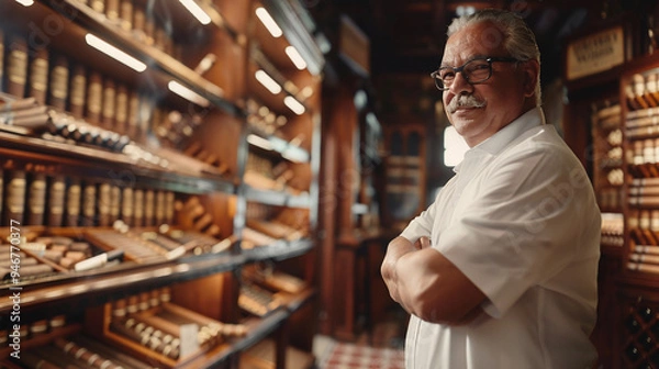 Fototapeta Cigar Shop Owner Standing Proud in Front of Cigar Display
