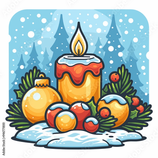 Fototapeta Christmas and New Year greeting card with candles and balls. Vector illustration