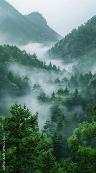 Obraz Misty pine forest on the mountain slope in a nature reserve