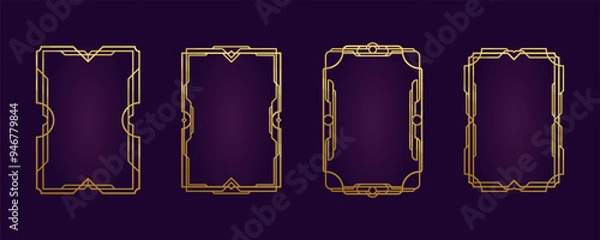Fototapeta Retrofuturism steampunk golden engraved frame. Frame template a4 paper. Art deco line border, decorative divider, boho antique style. Elegant geometric elements, arabic style, isolated vector set.