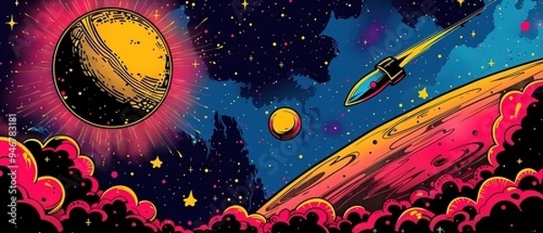 Fototapeta Comic abstract pop art background featuring a space illustration