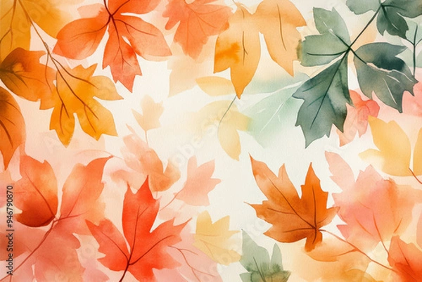 Fototapeta Aquarelle Mélange de feuilles d'automne colorées flottant sur un fond léger, créant une ambiance douce et chaleureuse.