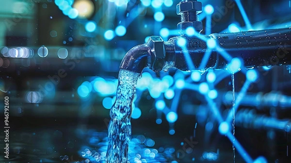 Fototapeta Futuristic Water Flowing from Faucet with Digital Technology Overlay
