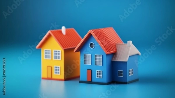 Obraz Colorful toy houses representing housing concepts against a vibrant blue background, ideal for real estate and home themes.