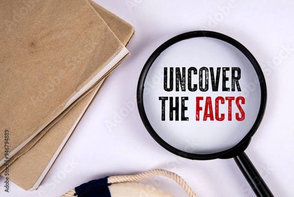 Fototapeta Uncover the facts. Magnifying glass and stack of books on white table