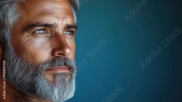 Obraz Close-up of mature man with gray beard looking thoughtfully into the distance, serious expression, blue background, introspective mood, wisdom and experience, thoughtful older person portrait