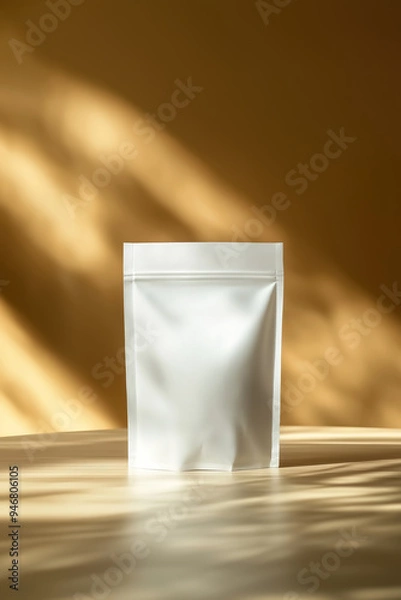 Fototapeta A clean and simple mockup of a white standing pouch, showcased on a light-colored wooden desk
