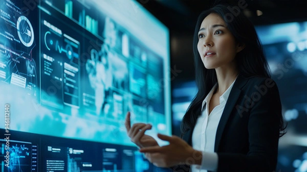 Fototapeta 会議室でプロジェクトを発表する女性