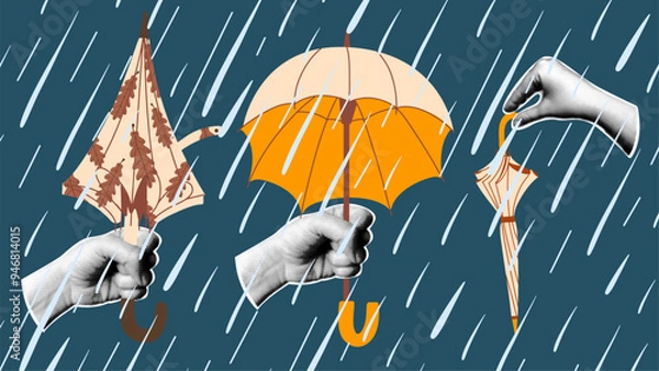 Fototapeta Collage with vector umbrellas in halftone hands. Autumn weather. Fall rain. 
