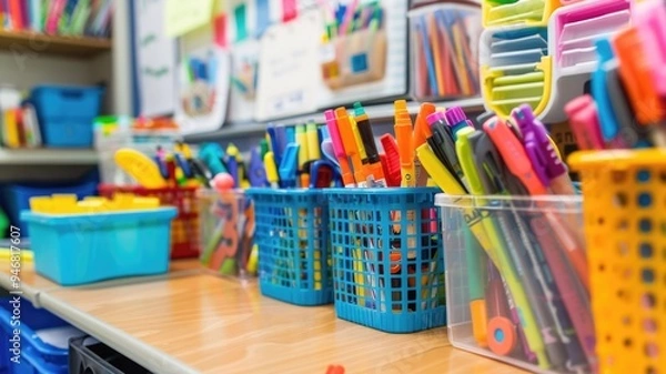 Obraz Neatly organized classroom supplies, including markers and educational materials
