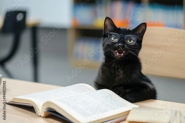 Obraz Cute black kitten wearing glasses and smiling, while sitting at a desk with an open book in a classroom.