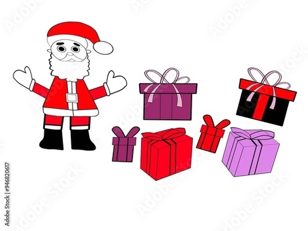 Obraz A digital design of a Santa claus with colored christmas gifts in a white background