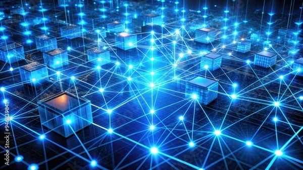 Obraz A futuristic, interconnected isometric network of glowing blue lines and nodes, representing communication, connection, and data exchange in a digital technological framework.