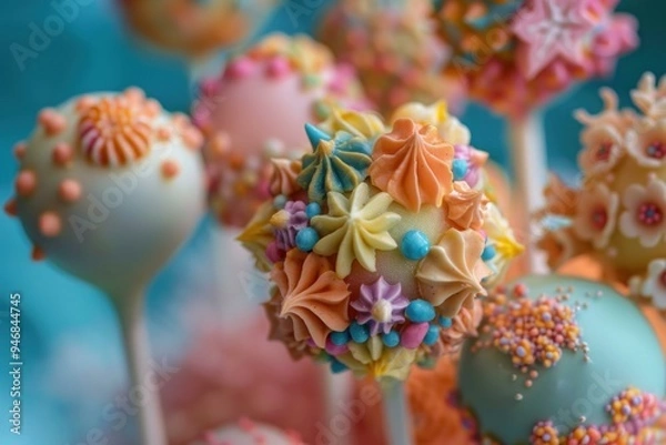 Fototapeta Several colorful cake pops decorated with icing flowers, swirls, and sprinkles are ready for a party