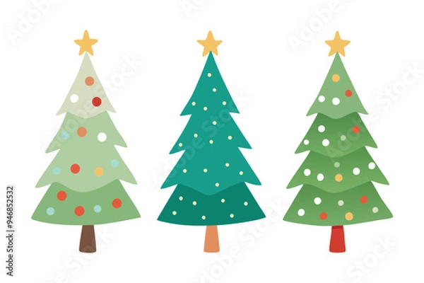 Fototapeta Set of watercolor christmas tree vector illustration. Collection of hand drawn cute decorative Christmas trees isolated on white background. Design for sticker, decoration, card, poster, artwork.