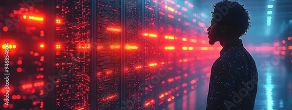 Fototapeta  AI cyber security threat illustration, black african american female IT specialist analyzing data information technology, augmented reality artificial intelligence collage, side profile, copy space 