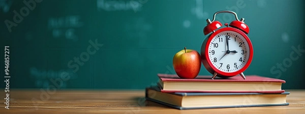 Fototapeta "Set of essential back-to-school items, including school supplies, backpacks, and accessories, displayed in an organized and colorful arrangement, perfect for educational and promotional projects.