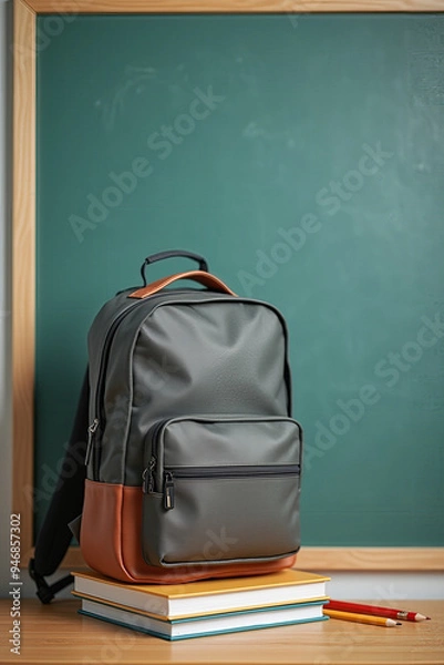 Fototapeta "Set of essential back-to-school items, including school supplies, backpacks, and accessories, displayed in an organized and colorful arrangement, perfect for educational and promotional projects.